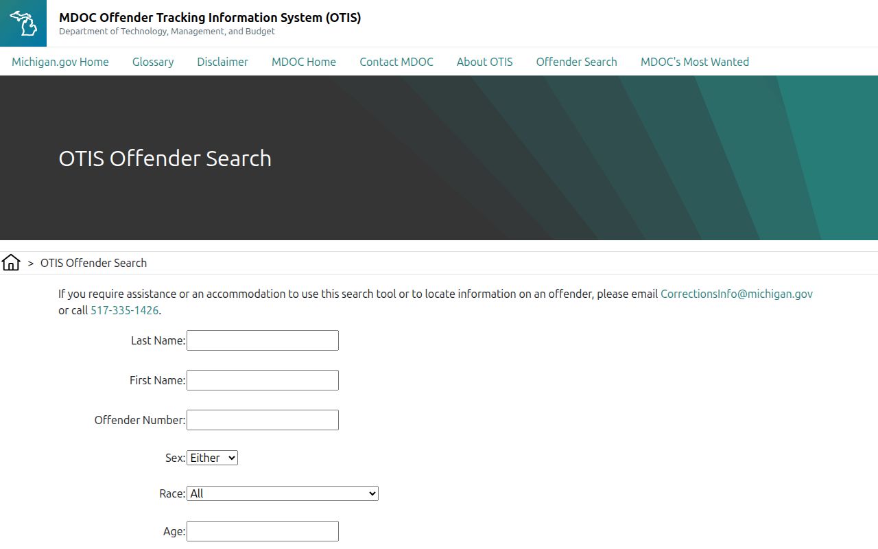 Jackson County released inmate search fields in Michigan OTIS