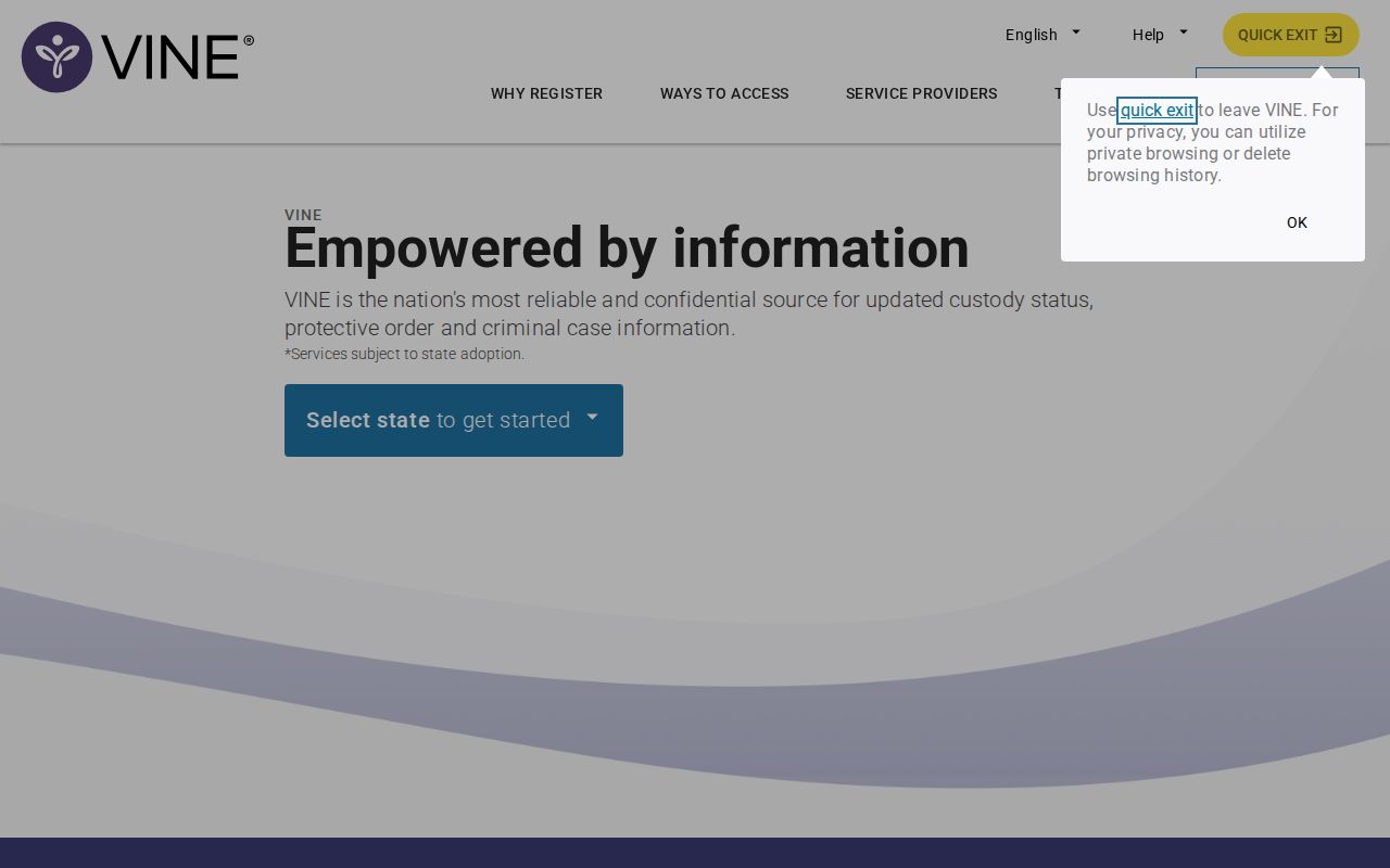 Jackson County VINELink inmate search state selection screen